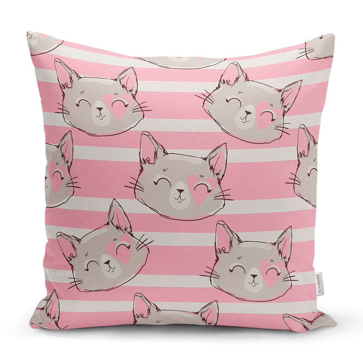 Rh-K5668-Pembe-Cizgi-Uzerinde-Kedicikler-Modern-Yastik-Kirlent-Kilifi