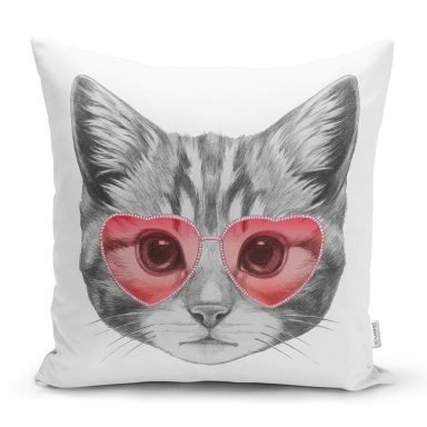 Pembe Gözlüklü Dijital Baskılı Modern Yastık Kırlent Kılıfı