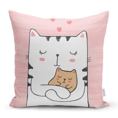 Yavrusuna Sarılmış Kedi Motifli Modern Yastık Kırlent Kılıfı