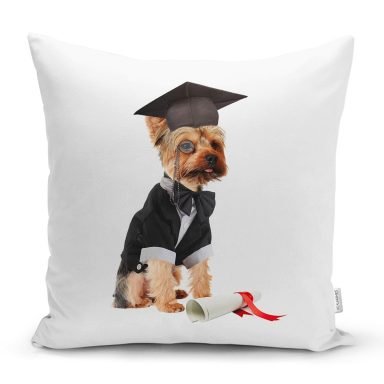 Mezuniyet Kıyafetli Köpekçik Dijital Baskılı Modern Yastık Kırlent Kılıfı