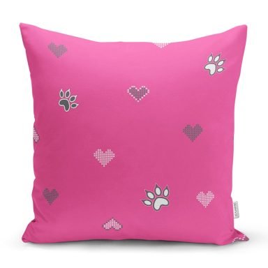 Pembe Zeminli Kalp ve Pati İzleri Modern Yastık Kırlent Kılıfı