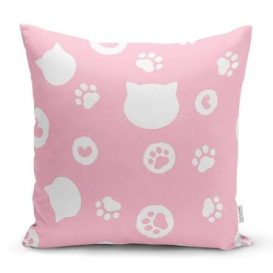 Pembe Zeminli Kedi Suretli Modern Yastık Kırlent Kılıfı