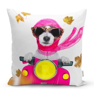 Motor Süren Çılgın Köpek Dijital Baskılı Modern Yastık Kırlent Kılıfı