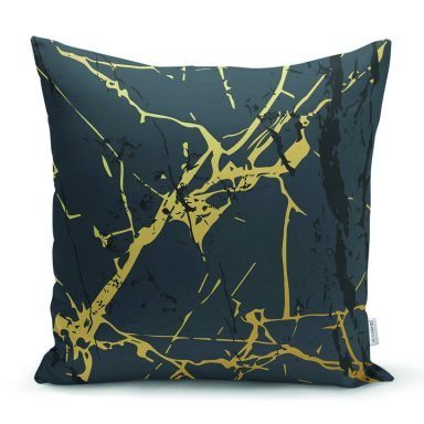 Koyu Zeminde Altın Rengi Mermer Desenli Dijital Baskılı Dekoratif Yastık Kırlent Kılıfı