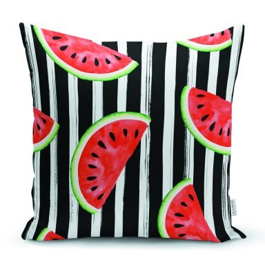 Çizgili Zemin Ve Karpuzlu Dijital Baskılı Dekoratif Yastık Kırlent Kılıfı
