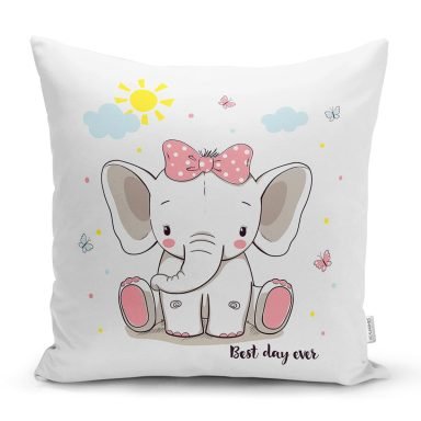 Sevimli Kız Bebek Fil Çocuk Odası Dijital Baskılı Dekoratif Yastık Kırlent Kılıfı