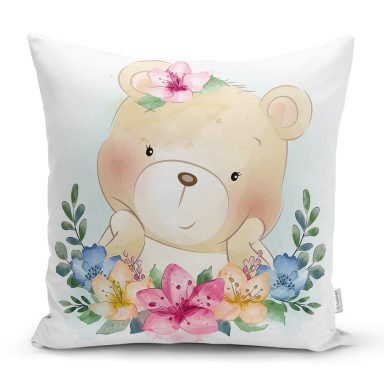Sevimli Bebek Ayıcık Çocuk Odası Dijital Baskılı Dekoratif Yastık Kırlent Kılıfı
