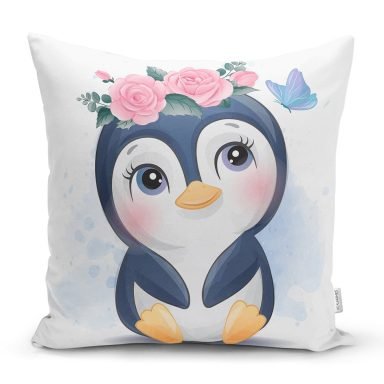 Sevimli Bebek Penguen Çocuk Odası Dijital Baskılı Dekoratif Yastık Kırlent Kılıfı