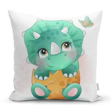 Sevimli Yeşil Bebek Dinozor Çocuk Odası Dijital Baskılı Dekoratif Yastık Kırlent Kılıfı