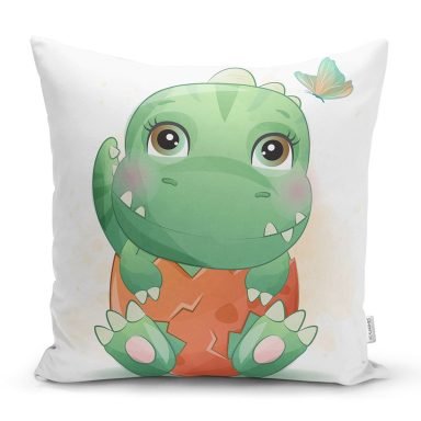 Sevimli Yeşil Yavru Dinozor Çocuk Odası Dijital Baskılı Dekoratif Yastık Kırlent Kılıfı