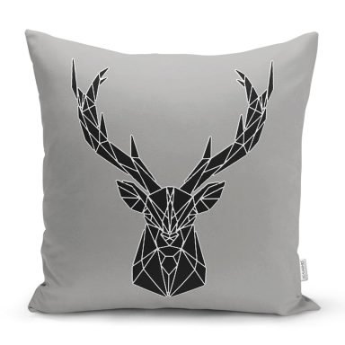 Gri Zeminde Geometrik Geyik Çizimli Modern Yastık Kırlent Kılıfı