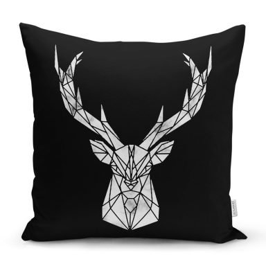 Siyah Zeminde Mermer Motifli Geyik Tasarımlı Dekoratif Yastık Kırlent Kılıfı
