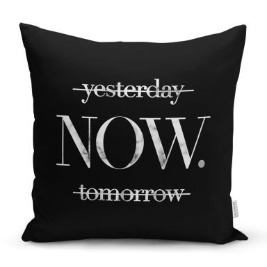 Siyah Zeminde Mermer Motifli NOW Yazılı Modern Yastık Kırlent Kılıfı