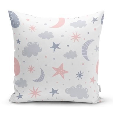 Beyaz Zeminde Bulut Ay Ve Yıldız Motifli Özel Tasarım Dijital Baskılı Modern Yastık Kırlent Kılıfı