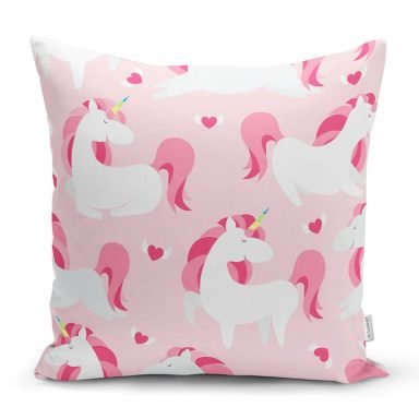 Pembe Zeminde Sevimli Unicorn Motifli Özel Tasarım Dijital Baskılı Modern Yastık Kırlent Kılıfı