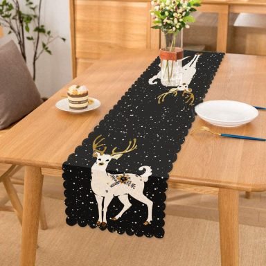 Siyah Zeminde Geyik Desenli Dijital Baskılı Modern Runner