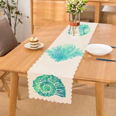 Beyaz Zeminde Yeşil Renkli Su Yosunu Desenli Dijital Baskılı Modern Runner