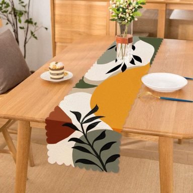 Renkli Zeminli Onedraw Çizimli Yaprak Desenli Dijital Baskılı Modern Runner