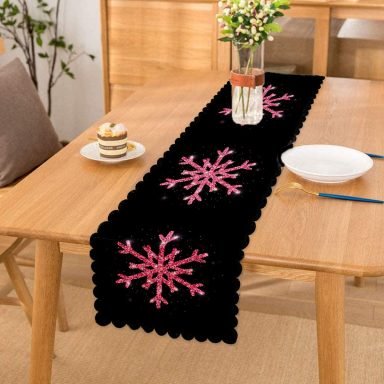 Siyah Zeminli Pembe Renkli Kar tanesi Desenli Dijital Baskılı Modern Runner