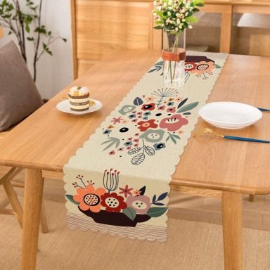 Renkli Zeminli Onedraw Çizimli Çiçek Desenli Dijital Baskılı Modern Runner