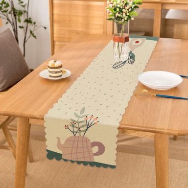 Renkli Zeminli Onedraw Çizimli Vazo Çiçek Dijital Baskılı Modern Runner