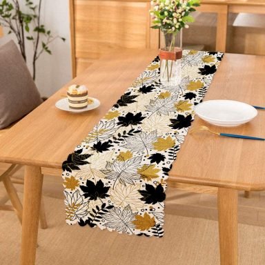 Beyaz Zeminde Gold Detaylı Sonbahar Yaprak Desenli Dijital Baskılı Modern Runner