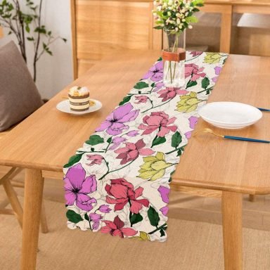 Beyaz Zemin Üzerinde Renkli Çiçek Desenli Dijital Baskılı Modern Runner