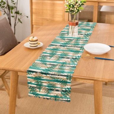 Beyaz Zemin Üzerinde Yeşil Çizgili Yaprak Desenli Dijital Baskılı Modern Runner