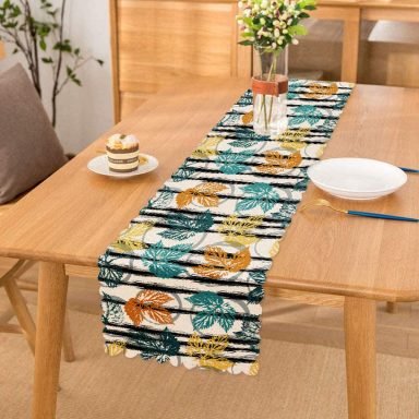 Beyaz Zeminde Siyah Çizgili Renkli Yaprak Desenli Dijital Baskılı Modern Runner