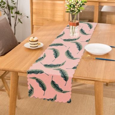 Pastel Zemin Üzerinde Yeşil Yaprak Desenli Dijital Baskılı Modern Runner