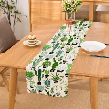 Beyaz Zemin Üzerinde Yeşil Kaktüs Desenli Dijital Baskılı Modern Runner