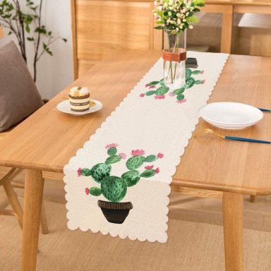 Beyaz Zemin Üzerinde Kaktüs Desenli Dijital Baskılı Modern Runner