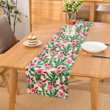 Beyaz Zemin Üzerinde Renkli Kaktüs Desenli Dijital Baskılı Modern Runner