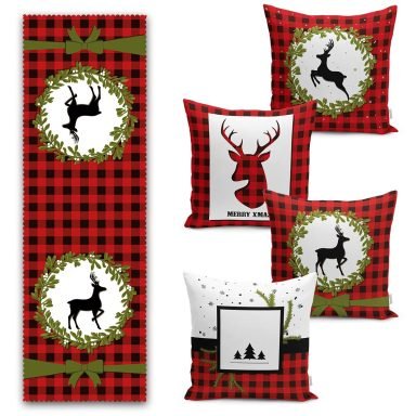 Kırmızı Ekose Zeminli Yılbaşı Temalı 4 Kırlent 1 Runner Seti