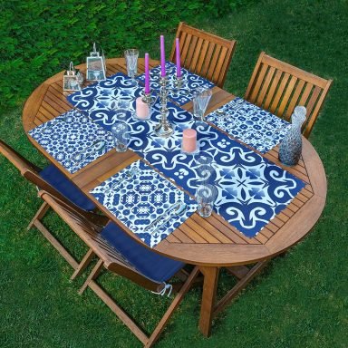 4+1 Beyaz Zeminli Renkli Geometrik Desenli Modern Amerikan Servis & Runner Seti