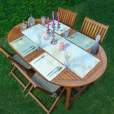 4+1 Renkli Zeminli Gold Detaylı Mermer Desenli Modern  Amerikan Servis & Runner Seti