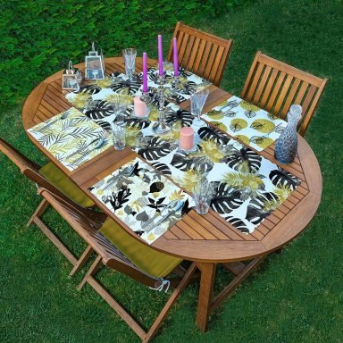 4+1 Beyaz Zeminli Gold Detaylı Yaprak Desenli Modern Amerikan Servis & Runner Seti