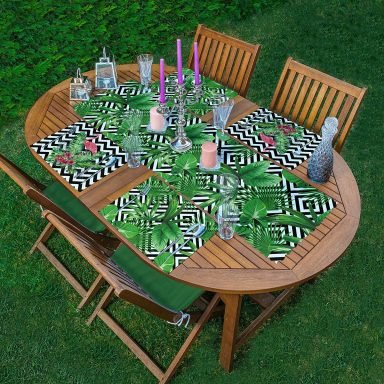 4+1 Siyah Beyaz Geometrik Zeminli Yeşil Yapraklı Amerikan Servis & Runner Seti