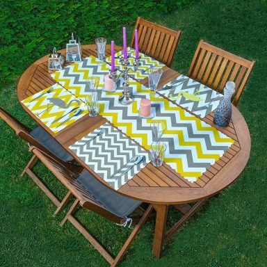 4+1 Sarı & Gri Zigzag Flamingo Tasarımlı Amerikan Servis & Runner Seti