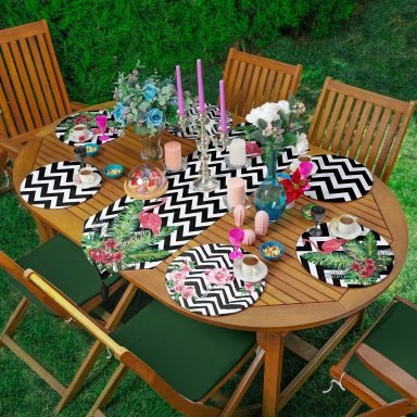 6+1'li Siyah Beyaz Zigzag Zeminli Flamingo Tasarımlı Supla Runner Seti