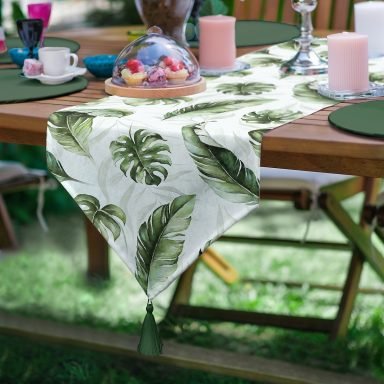 Yeşil Tropik Yapraklar Tasarımlı Dijital Baskılı Modern Püsküllü Şönil Üçgen Runner