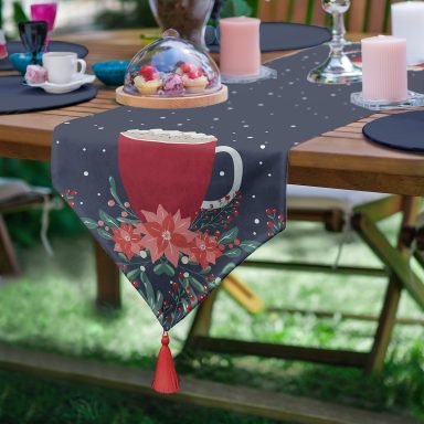 Lacivert Zemin Kırmızı Bardak Desenli Dijital Baskılı Modern Püsküllü Şönil Üçgen Runner