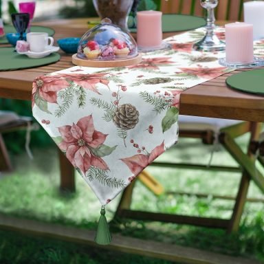 Kırmızı Gül & Kozalak Tasarımlı Dijital Baskılı Modern Püsküllü Şönil Üçgen Runner