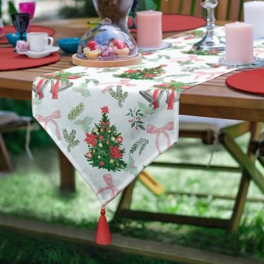 Özel Tasarım Christmas Temalı Dijital Baskılı Dekoratif Püsküllü Şönil Üçgen Runner