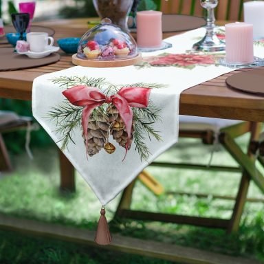 Özel Tasarım Kurdaleli Kozalak Motifli Dijital Baskılı Dekoratif Püsküllü Şönil Üçgen Runner