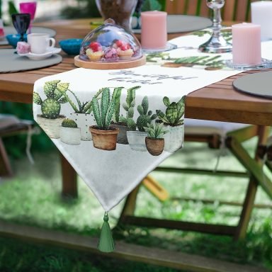 Realhomes Beatiful Cactus Baskılı Dijital Baskılı Özel Tasarım Püsküllü Şönil Üçgen Runner