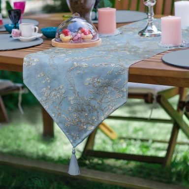 Realhomes Yağlı Boya Mavi Ağaç Motifleri Dijital Baskılı Özel Tasarım Püsküllü Şönil Üçgen Runner