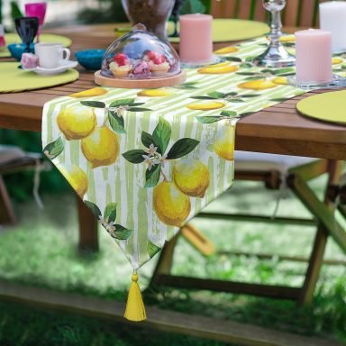 Realhomes Yeşil Zeminli 3 Boyutlu Limon Desenli Dijital Baskılı Özel Tasarım Püsküllü Şönil Üçgen Runner