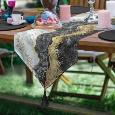 Realhomes Modern Siyah Beyaz Altın Mermer Motifli Dijital Baskılı Özel Tasarım Püsküllü Şönil Üçgen Runner