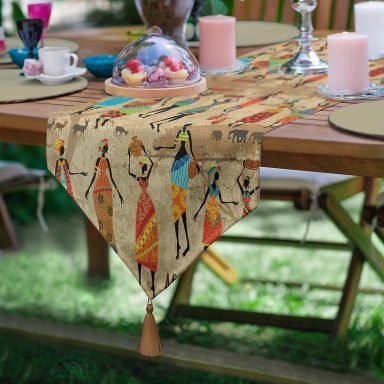 RealHomes Afrika Etnik Desenli Dijital Baskılı Modern Özel Tasarım Püsküllü Şönil Üçgen Runner